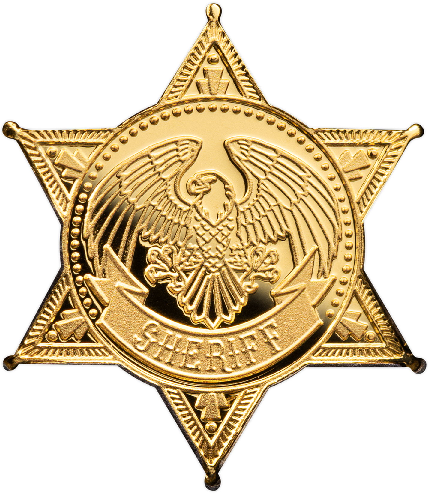 Die Vorderseite der .999 Goldmünze "Sheriff Star" in Sternform