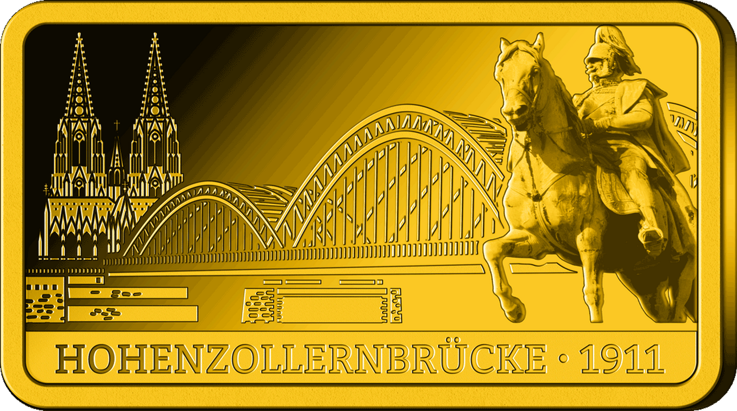 Die Vorderseite des 1 Gramm Goldbarrens mit Hohenzollernbrücke und Kölner Dom