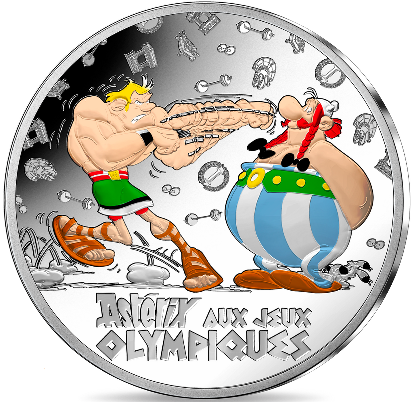 Die Vorderseite der Silber-Gedenkmünze mit Farbveredelung "Asterix bei den Olympischen Spielen" aus Frankreich