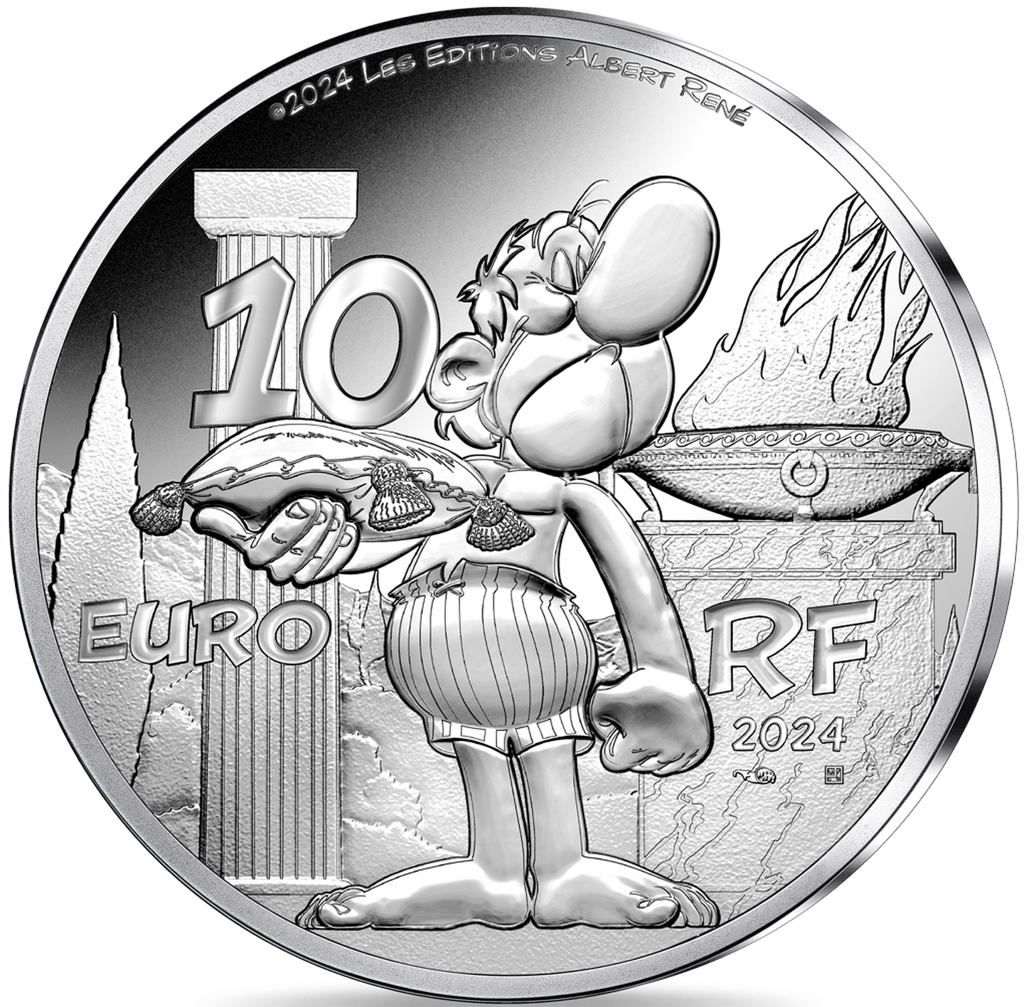 Die Rückseite der Silber-Gedenkmünze mit Farbveredelung "Asterix bei den Olympischen Spielen" aus Frankreich