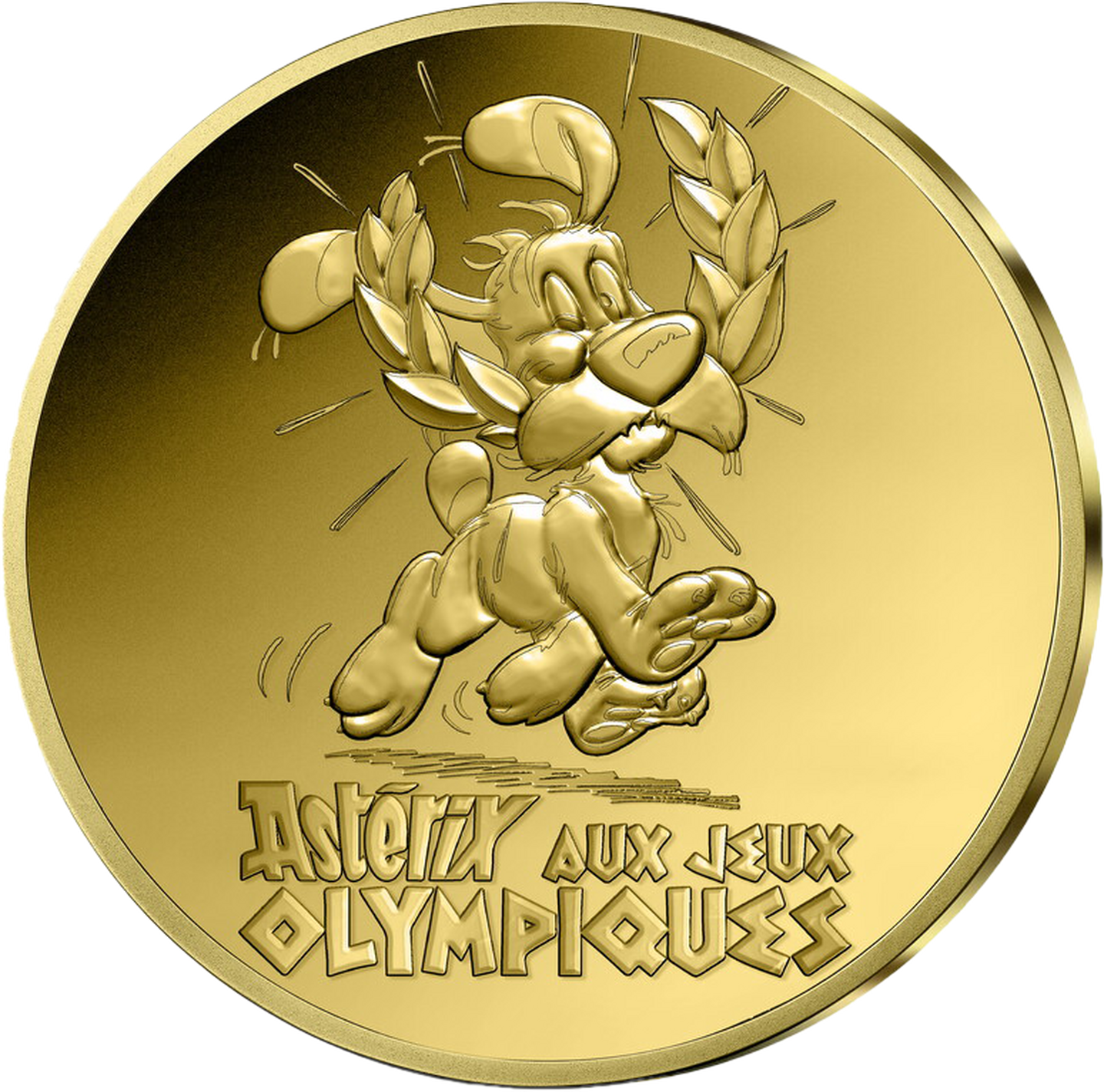 Die Vorderseite der offiziellen Gold-Gedenkmünze "Asterix & Idefix - Olympische Spiele" aus Frankreich