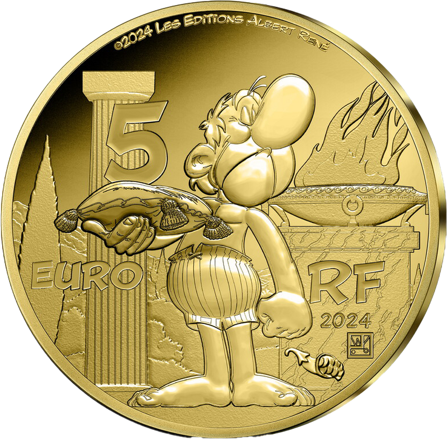 Die Rückseite der offiziellen Gold-Gedenkmünze "Asterix & Idefix - Olympische Spiele" aus Frankreich