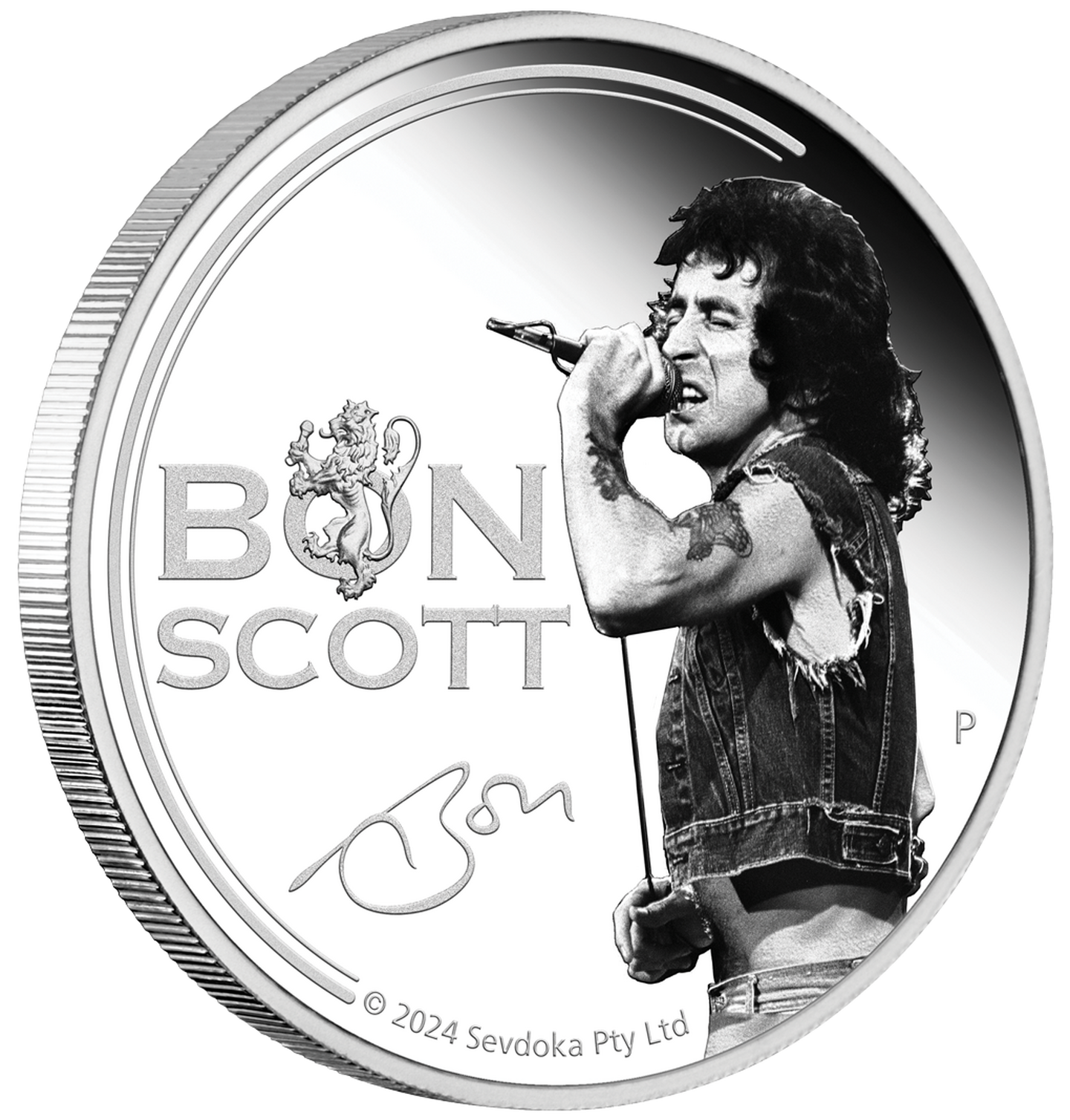 Die Vorderseite der offiziellen 1 Unze Gedenkmünze "Bon Scott" aus reinstem Silber (999,9/1000)