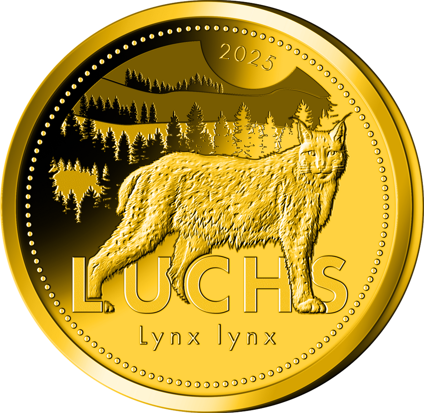 Die Vorderseite der Gold-Gedenkprägung „Der Luchs 2025“