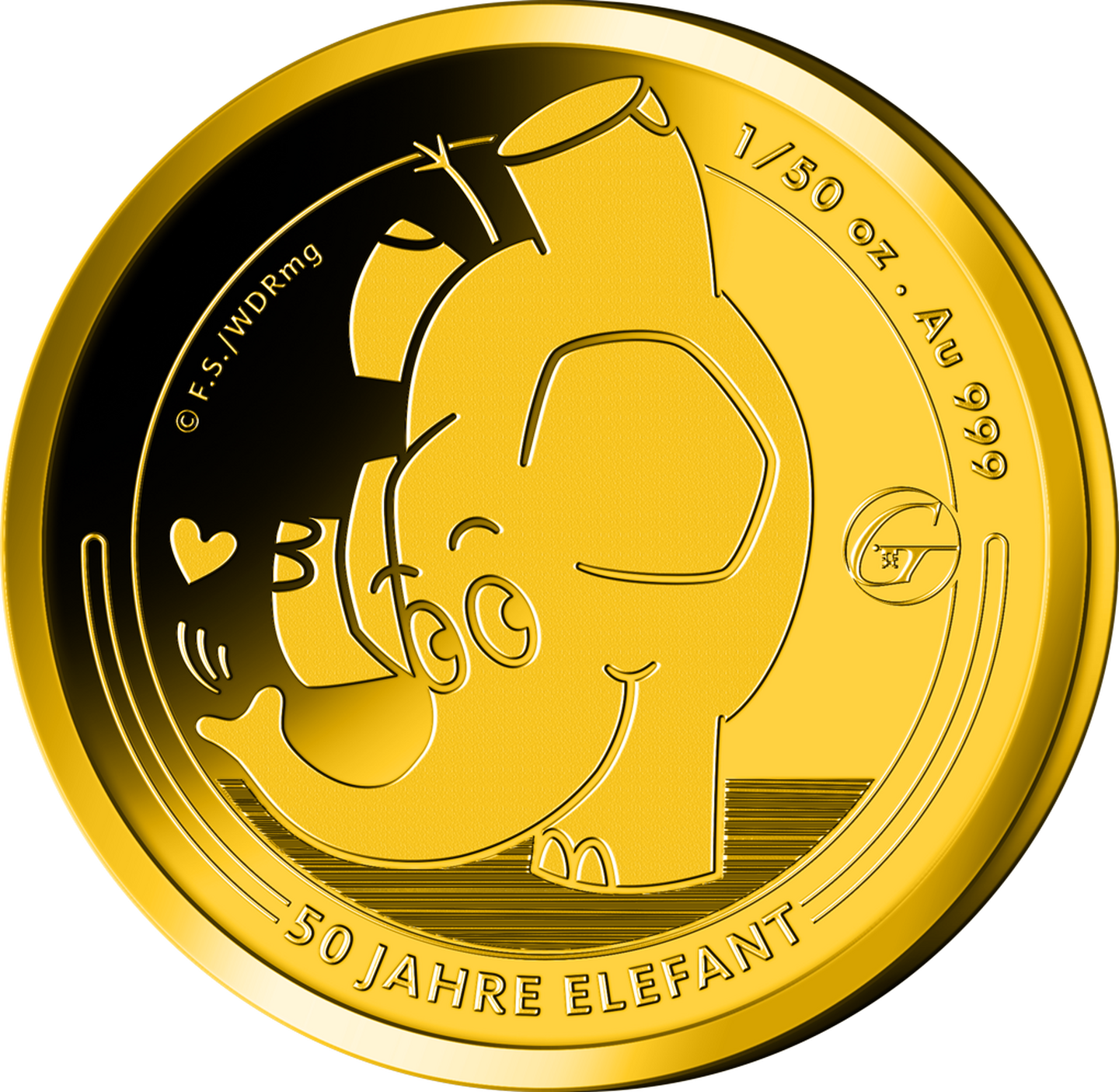 Die Vorderseite der offiziellen Gold-Gedenkprägung "50 Jahre Elefant"
