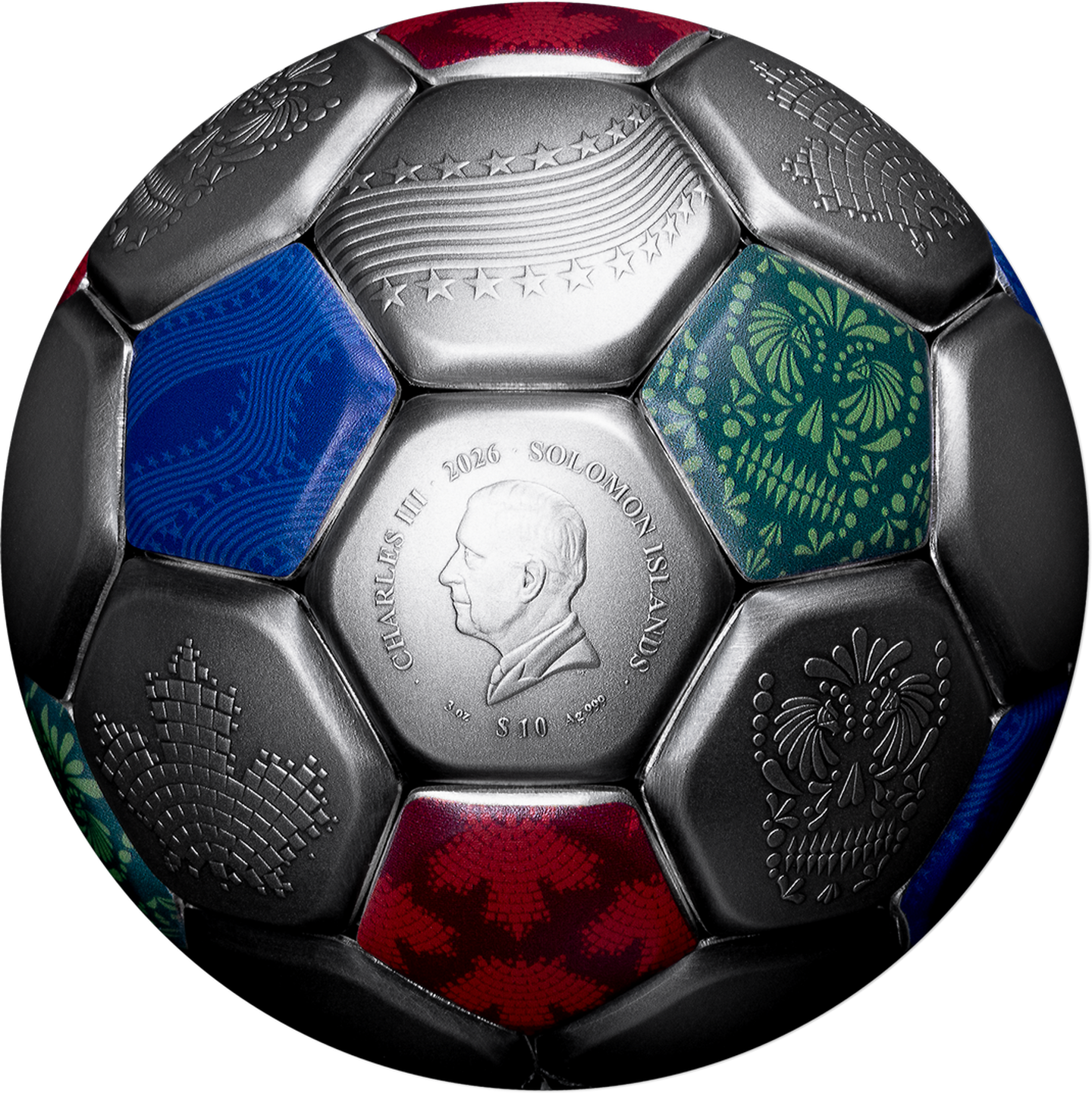 Rückseite der 3D-Silbermünze in Fußball-Form zur WM 2026
