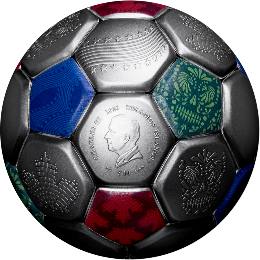 Rückseite der 3D-Silbermünze in Fußball-Form zur WM 2026