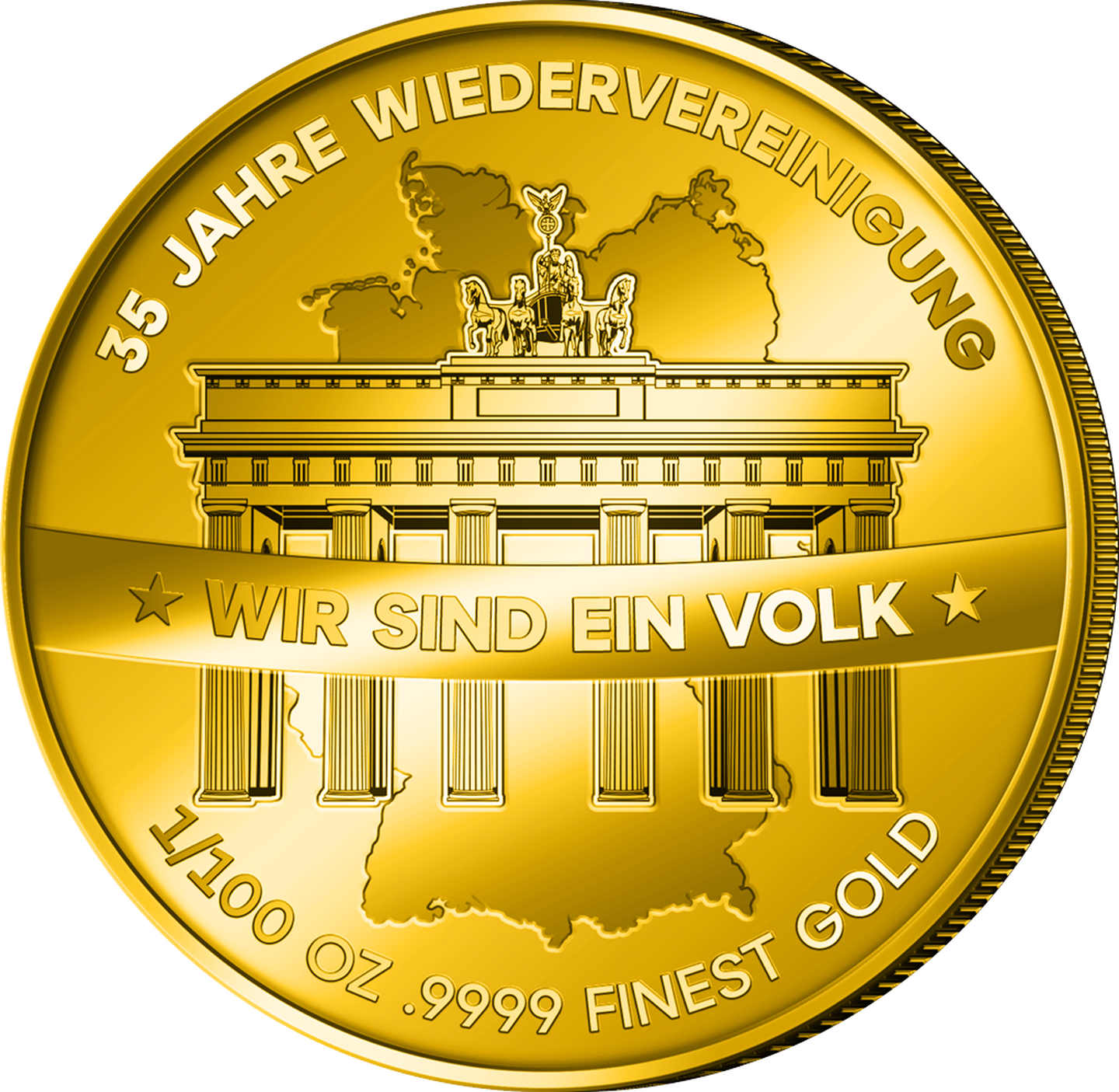 Die Vorderseite der Gold-Gedenkmünze aus Togo zum Jubiläum 35 Jahre Wiedervereinigung