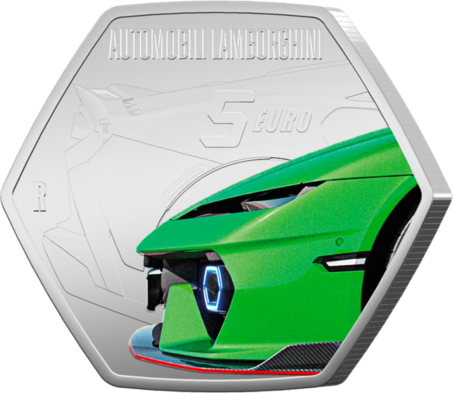 Die Vorderseite der Silber-Gedenkmünze „Lamborghini - Temerario“