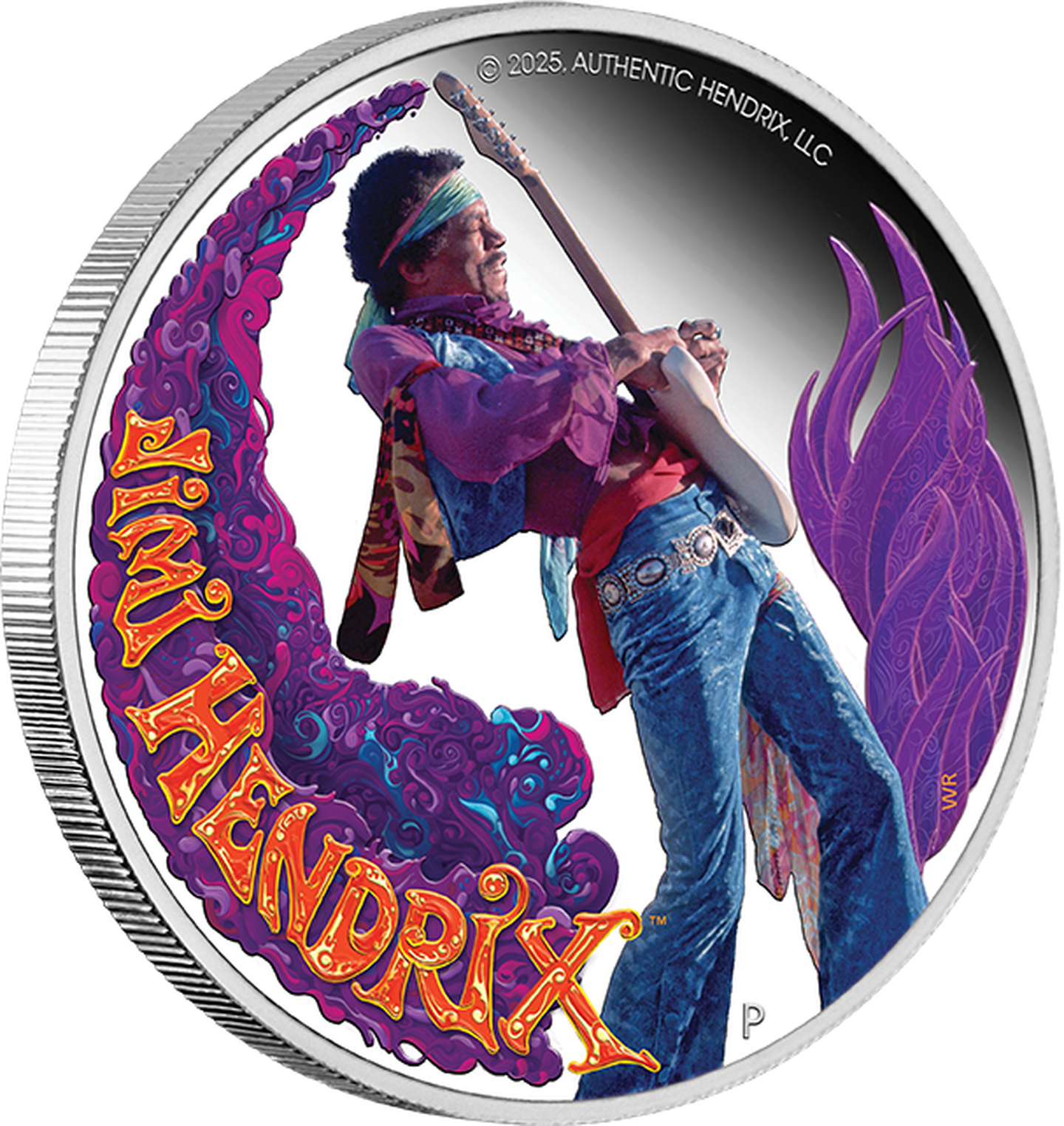 Die Vorderseite der offiziellen 1-Unzen-Silbermünze zu Ehren von Jimi Hendrix mit Digital-Farbdruck