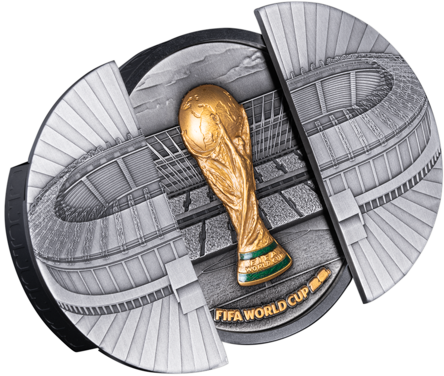 Die Silber-Schiebetürmünze zur FIFA WM 2026™ in geöffnetem Zustand
