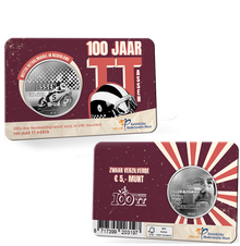 Die Vorder- und Rückseite der offiziellen Gedenkmünze Niederlands "100 Jahre Motorsport-Rennstrecke TT Assen" in der ansprechend gestalteten Coin-Card