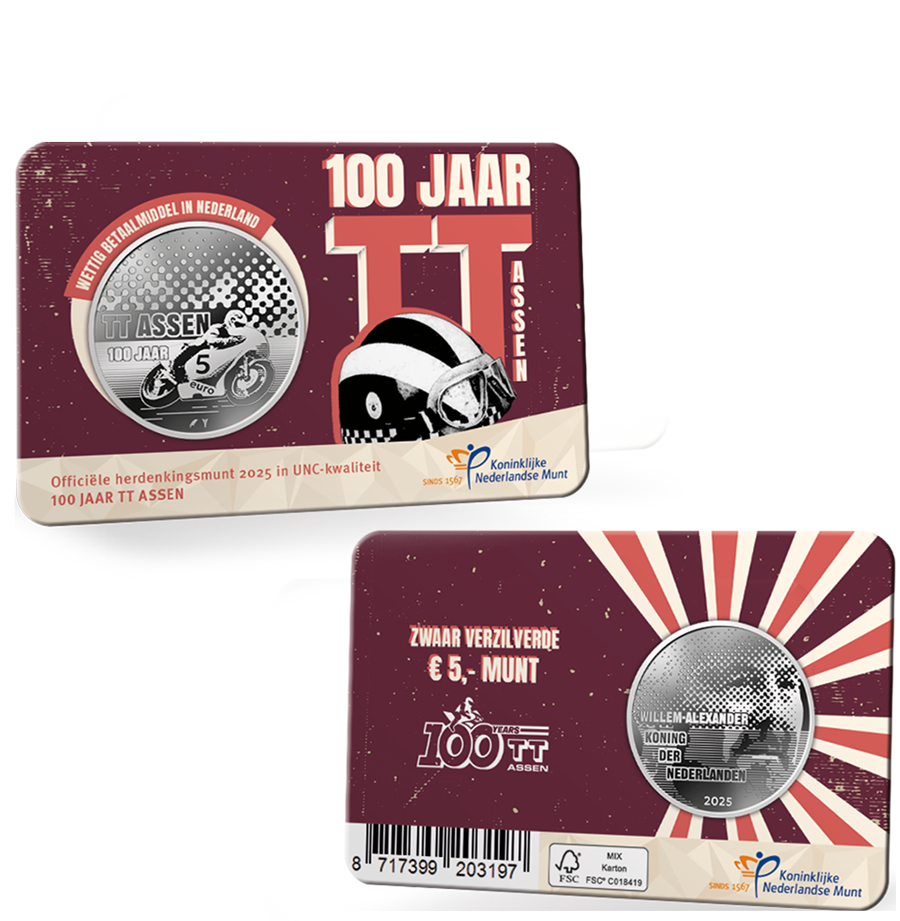 Die Vorder- und Rückseite der offiziellen Gedenkmünze Niederlands "100 Jahre Motorsport-Rennstrecke TT Assen" in der ansprechend gestalteten Coin-Card