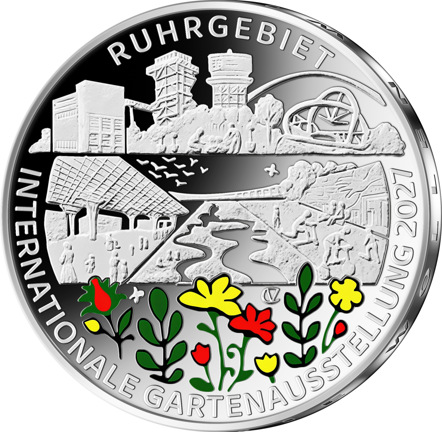 Die Motivseite der 35-Euro-Silbermünze "Internationale Gartenausstellung 2027" – Stempelglanz