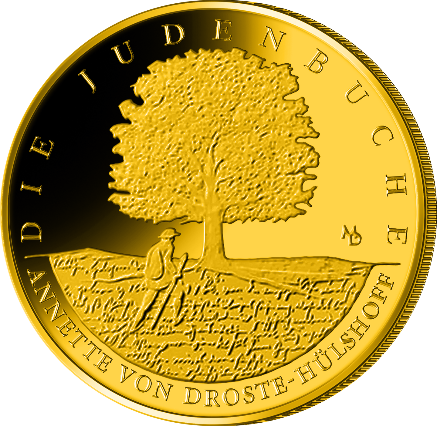 Die Vorderseite der deutschen 100-Euro-Goldmünze 2026 "Die Judenbuche"