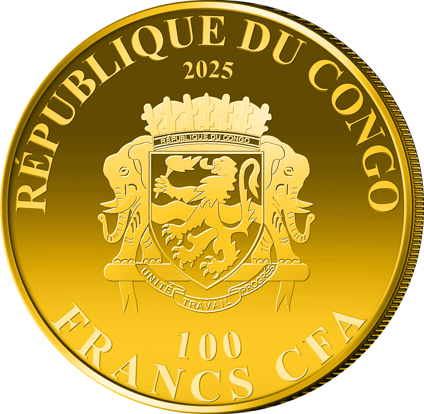 Die Rückseite der Gold-Gedenkmünze zeigt das Landeswappen und das Nominal aus der Republik Kongo