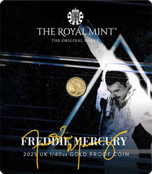 Die Vorderseite der Münz-Karte mit der offiziellen britischen 1/40-Unzen-Gold-Gedenkmünze „Freddie Mercury“
