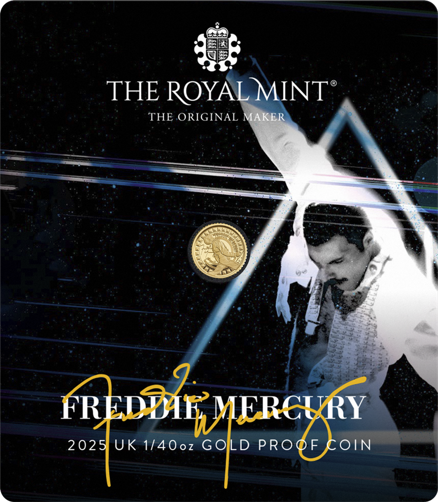 Die Vorderseite der Münz-Karte mit der offiziellen britischen 1/40-Unzen-Gold-Gedenkmünze „Freddie Mercury“