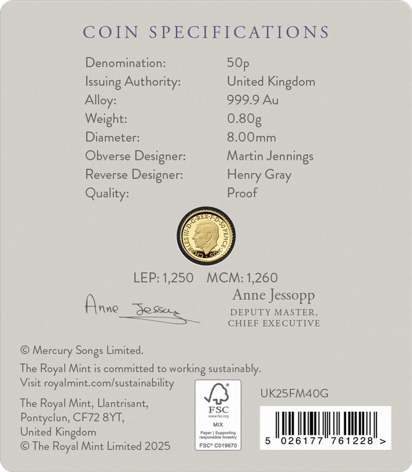 Freddie Mercury Gold Proof Coin in Original Verpackung Rückseite