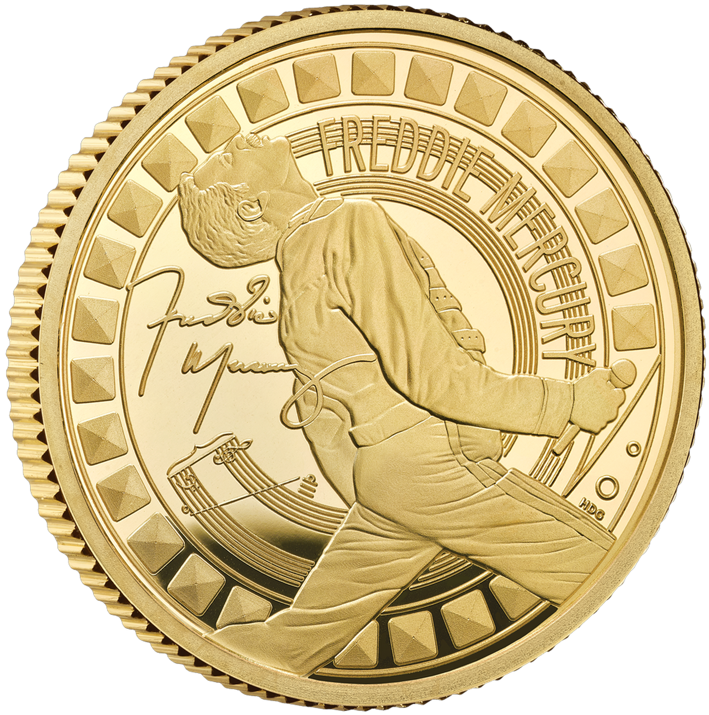 Die Vorderseite der offiziellen britischen 1/4-Unzen-Gold-Gedenkmünze „Freddie Mercury“