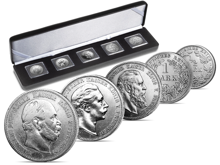 von der halben bis zum 5-Mark-Stück, der echte Silber-Kursmünzensatz der Deutschen Kaiser