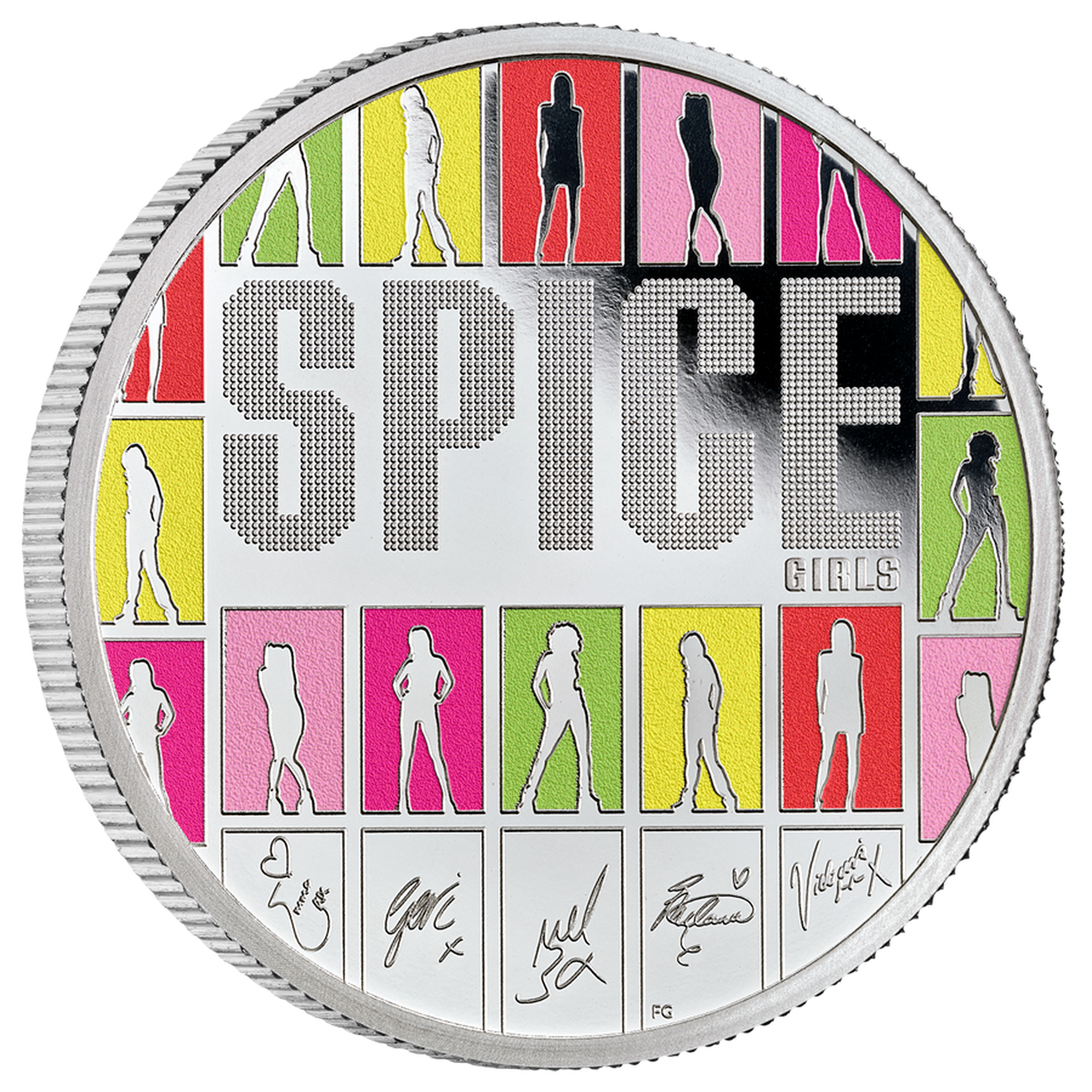 Die Vorderseite der 1-Unzen-Silbermünze „Spice Girls”