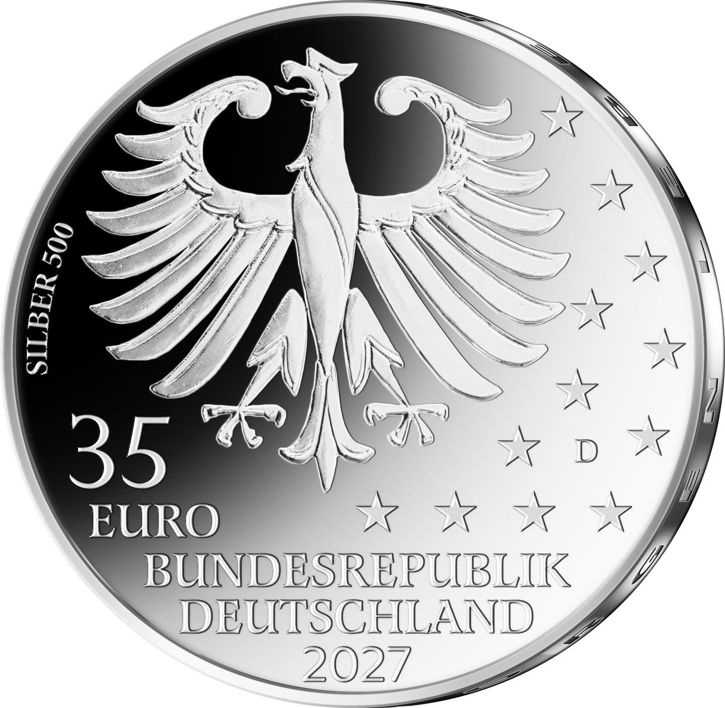 Die Wertseite der 35-Euro-Silbermünze "Internationale Gartenausstellung 2027"