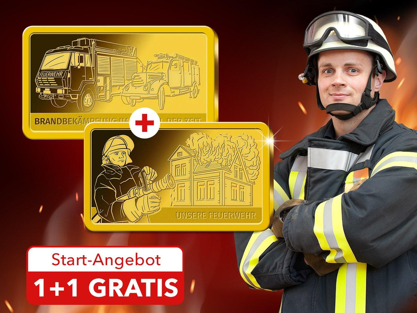 Goldbarren "Unsere Feuerwehr" und "Brandbekämpfung im Wandel der Zeit"