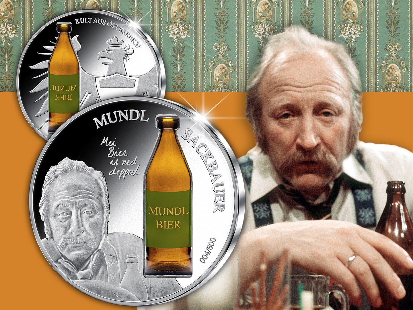 Kultige Silberausgabe "Mundl Sackbauer" mit koloriertem Glasinlay