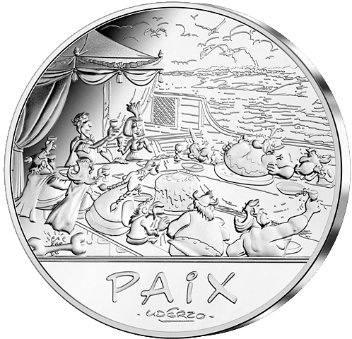 Silbermünze mit einer Szene von Asterix und Obelix