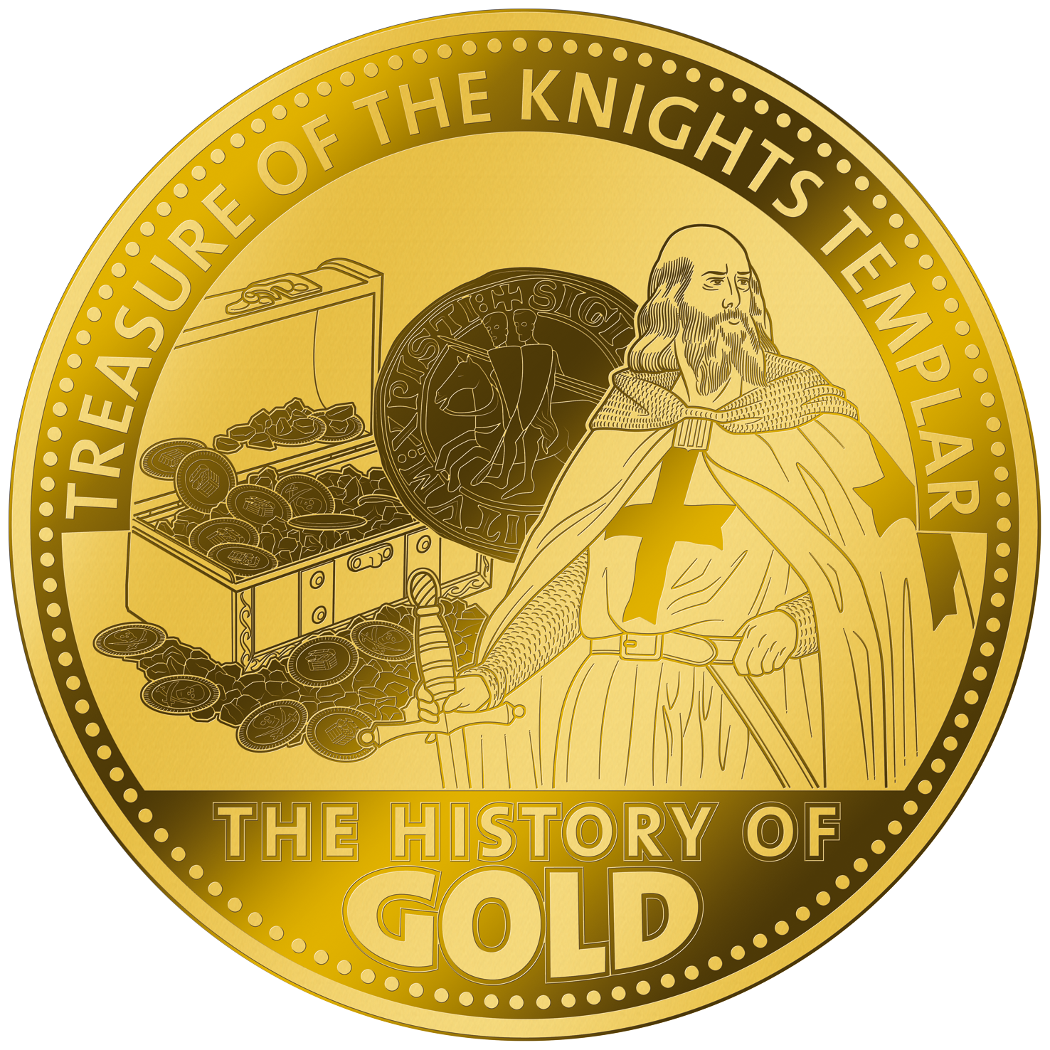 Collection : Les Monnaies 1/100 d'once or « L'Histoire de l'Or » ! Première livraison « Le trésor des templiers » grand diamètre: 45 mm !