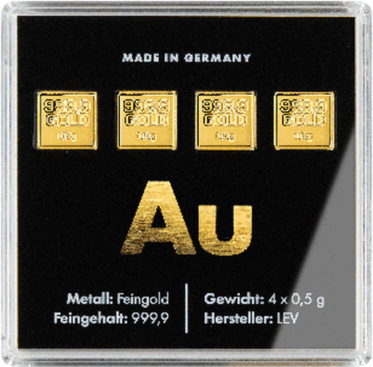 Die Vorderseite der 4 x 0,5 Gramm Feingoldbarren (999,9/1000) des Gold-Anlage-Depots