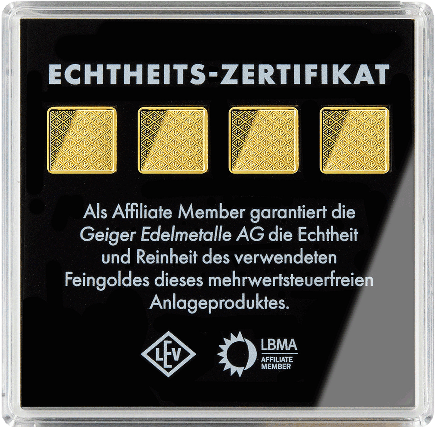 Die Rückseite der 4 x 0,5 Gramm Feingoldbarren (999,9/1000) des Gold-Anlage-Depots