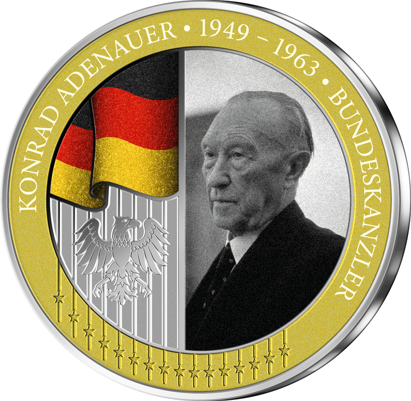 Ihre Startausgabe: Die Vorderseite der Feinsilberprägung „Konrad Adenauer"