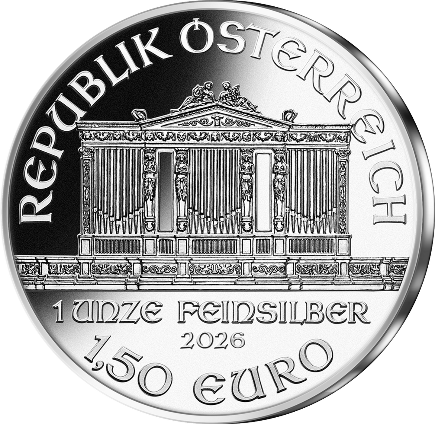 Die Rückseite der Silbermünze "Philharmoniker" zeigt die berühmte Orgel aus dem Goldenen Saal des Wiener Musikvereins