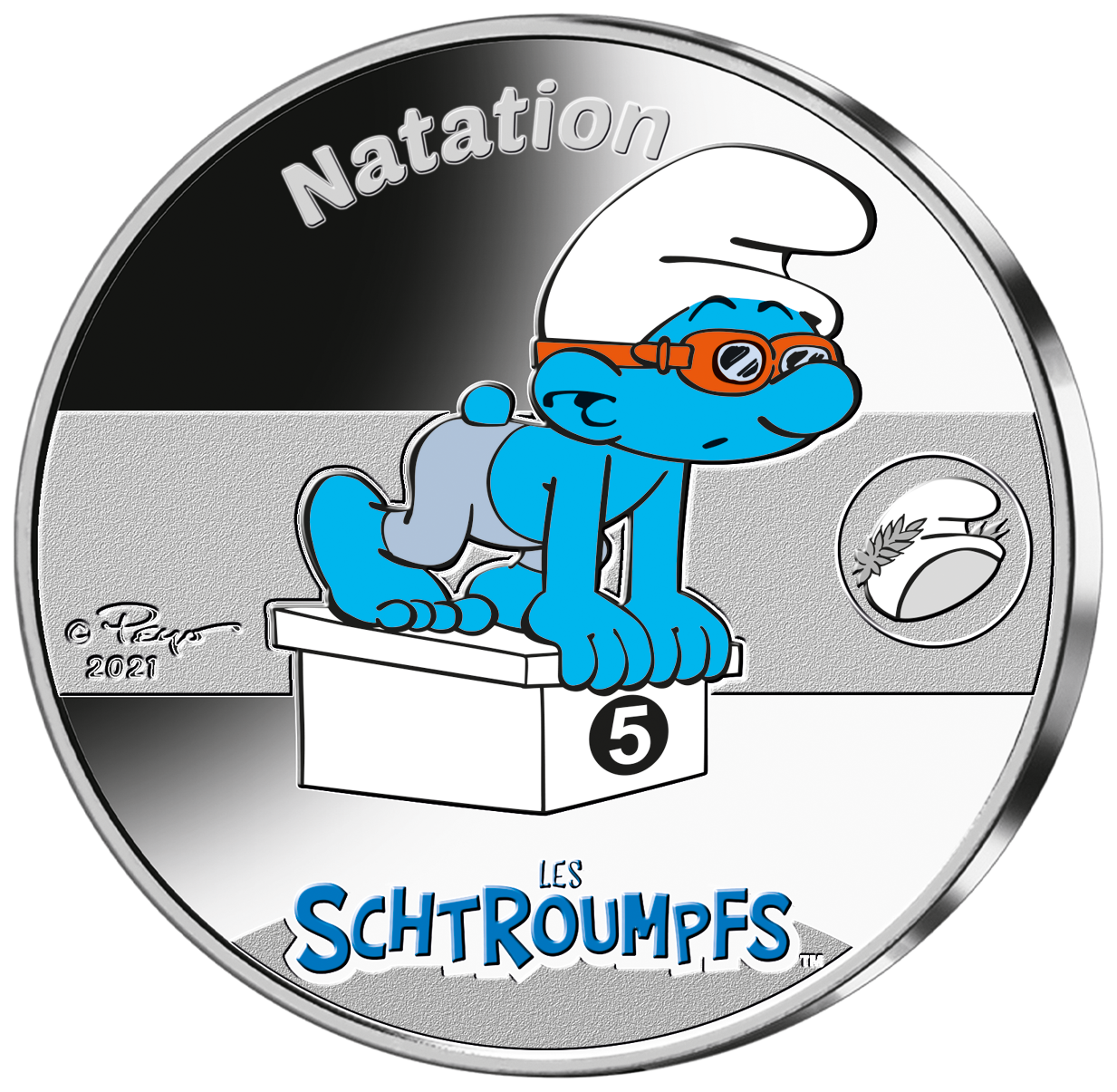 Collection officielle de frappes en argent colorisé «Schtroumpfs Olympiques», avec en première livraison la frappe «Schtroumpf Natation»