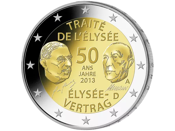 2-Euro-Münze zu 50 Jahre Élysée-Vertrag mit Charles de Gaulle und Bundeskanzler Konrad Adenauer