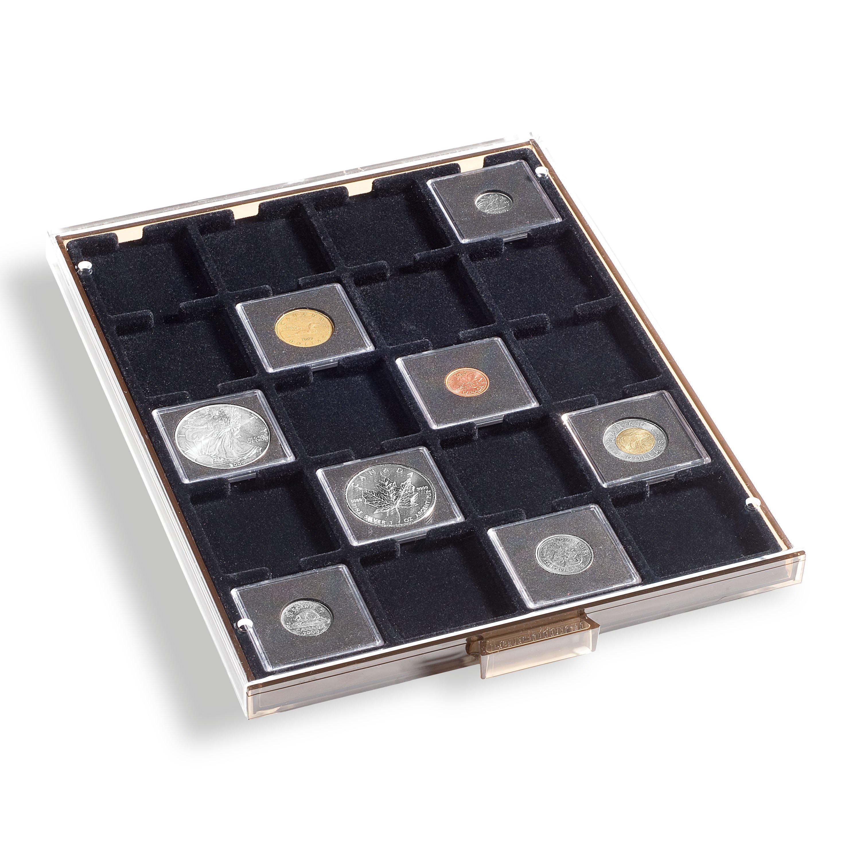 Münzbox für QUADRUM 20 eckigeFächern, rauchfarben mit schwarzer Einlage