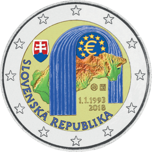 Frappe de 2 Euros colorisée «25ème anniversaire de la République slovaque» Slovaquie 2018