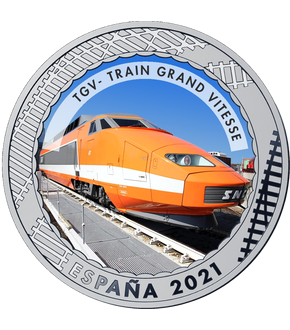 Monnaie argentée & colorisée «Histoire du chemin de fer: TGV» Espagne 2021