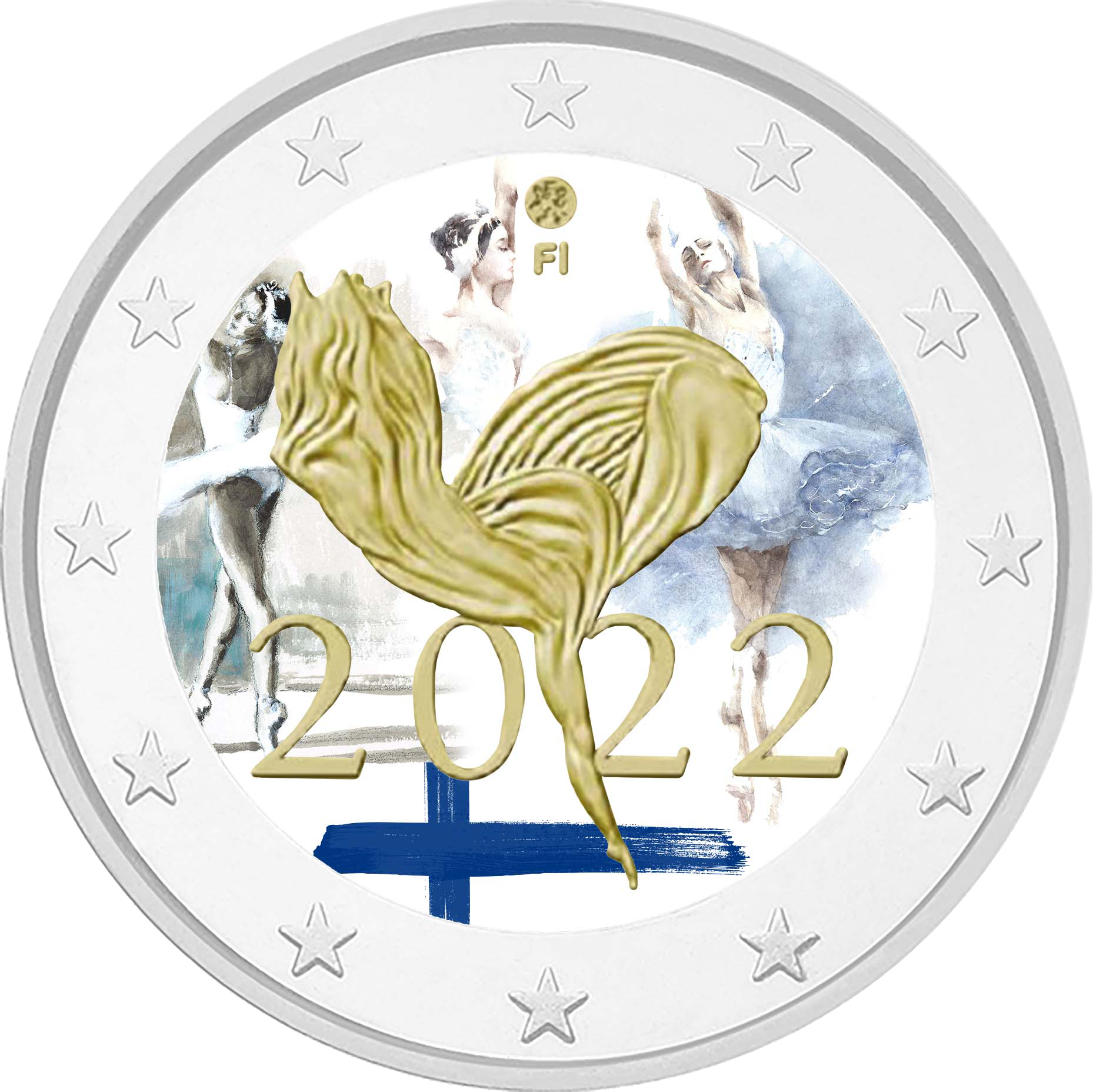 Pièce commémorative 2 Euros colorisée «Centenaire du Ballet national de Finlande» Finlande 2022