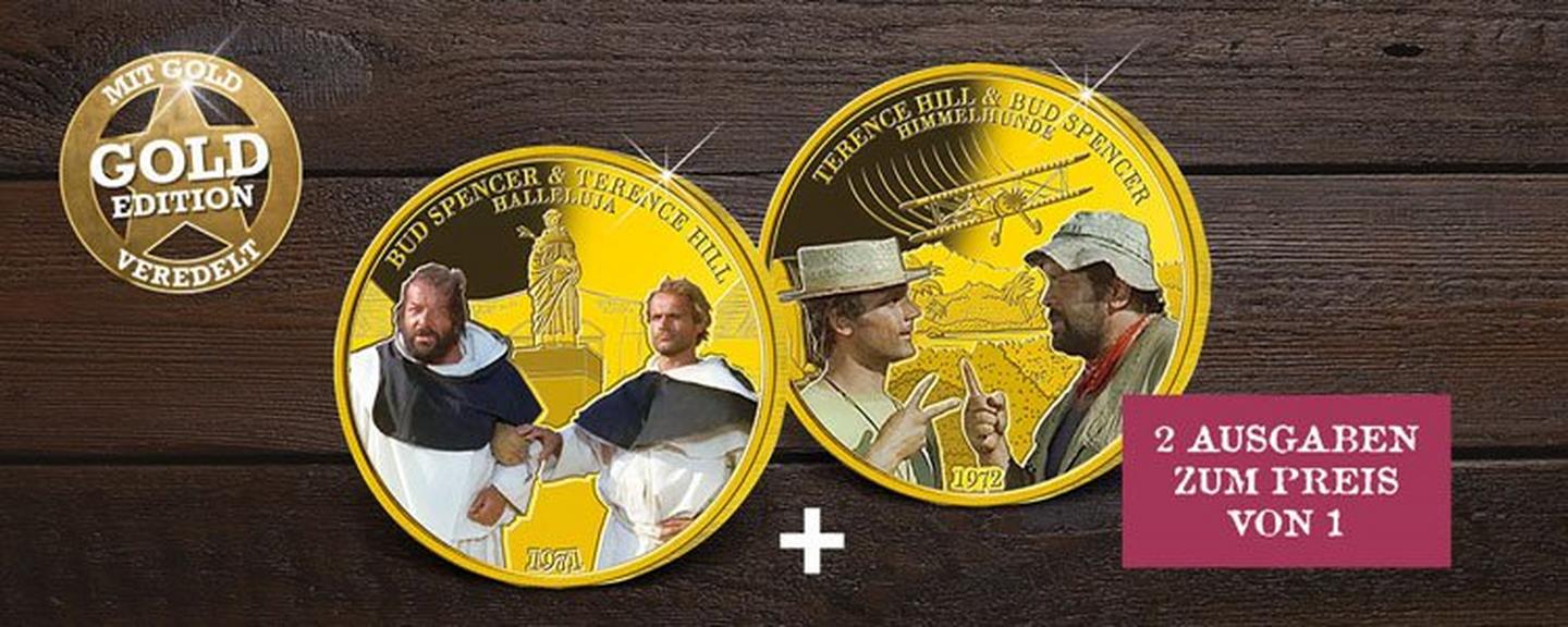 Goldene Sammlermünzen mit Terence Hill und Bud Spencer – zwei Ausgaben zum Preis von einer in der Gold-Edition
