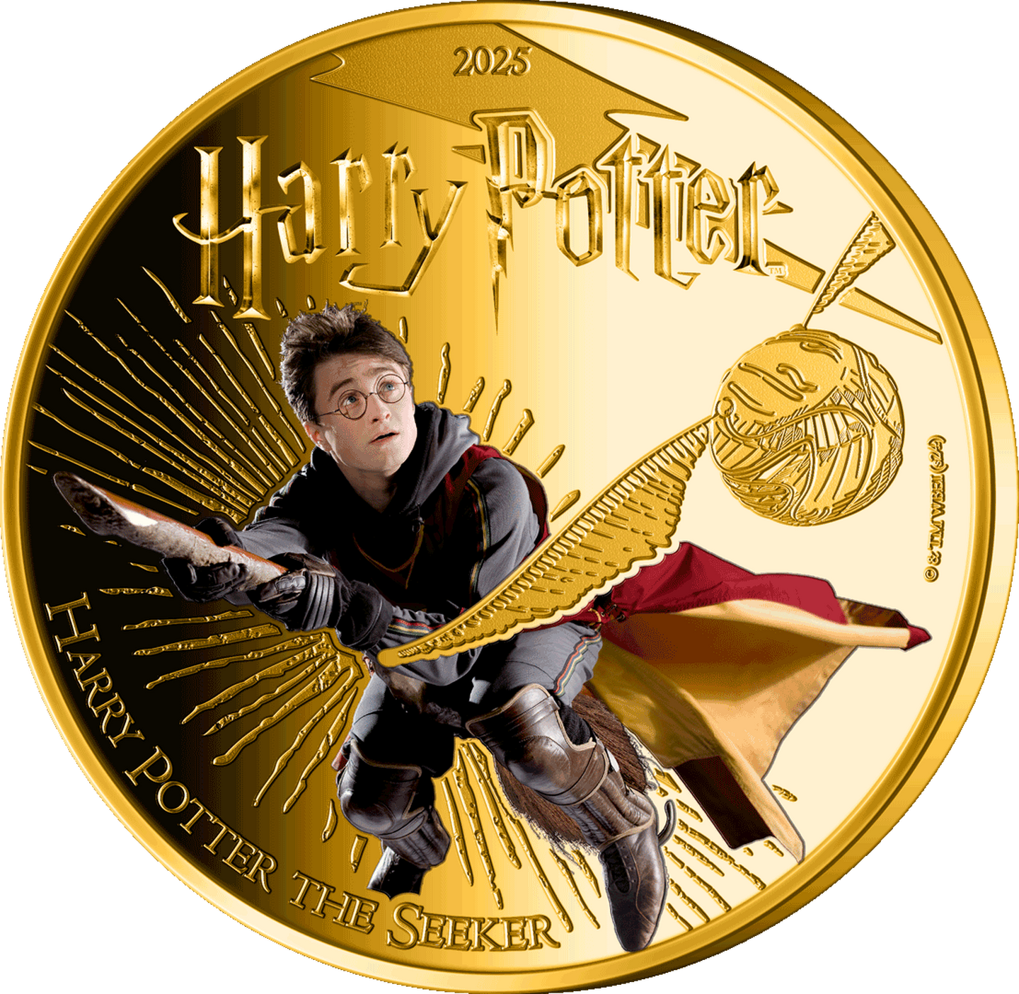 Die Vorderseite der goldveredelten Gedenkmünze „Harry Potter & The Seeker“