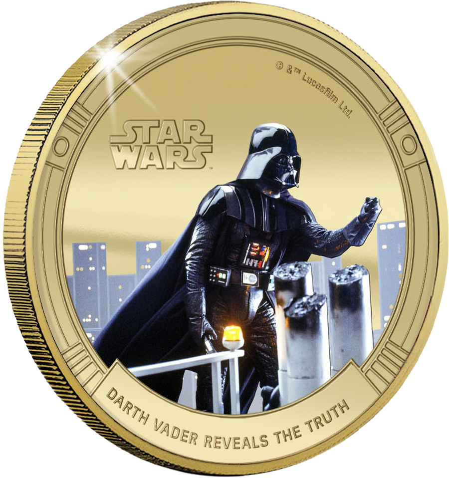 Deine Startlieferung: Die Vorderseite der offiziellen Gedenkprägung „STAR WARS™ – Darth Vader Reveals The Truth“ mit Digital-Farbdruck!