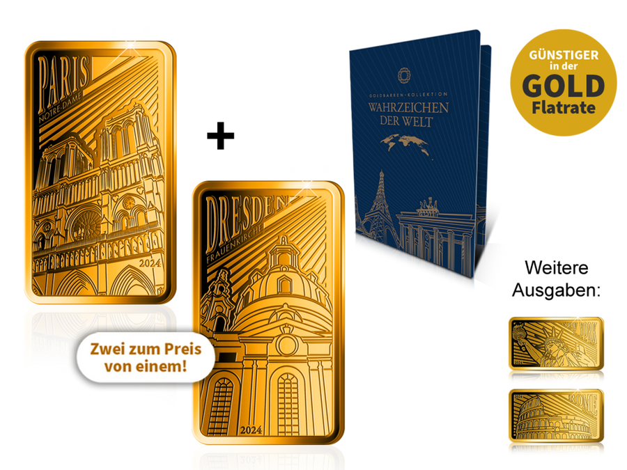 Starten Sie jetzt mit zwei Goldbarren zum Preis von einem: Dresden und Paris!