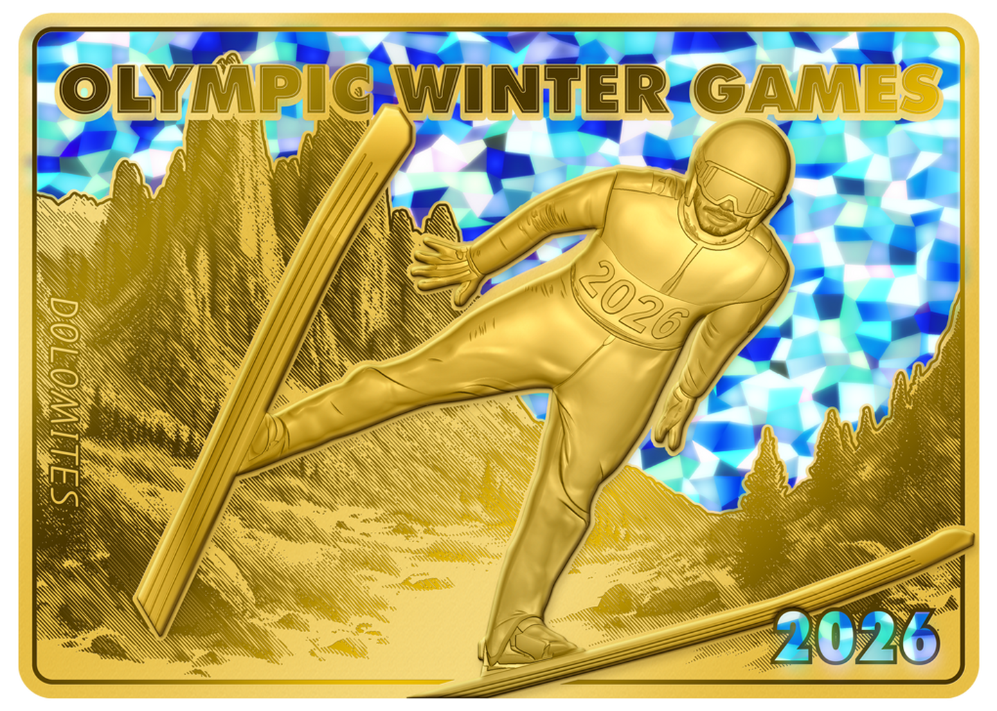 Die Vorderseite der offiziellen Goldbarren-Münze „Dolomiten & Skispringen“ mit Hologramm zu den Olympischen Winterspielen 2026