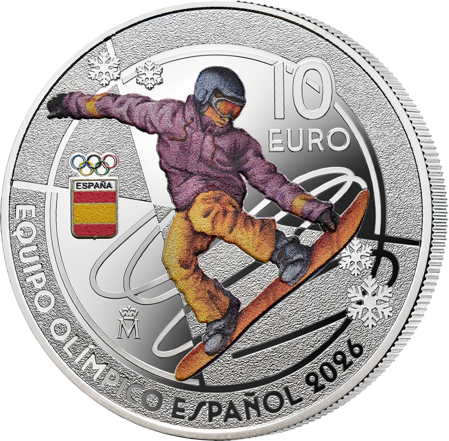 Die Vorderseite der Silber-Euro-Gedenkmünze aus Spanien „Snowboard“ zu den Olympischen Winterspielen 2026