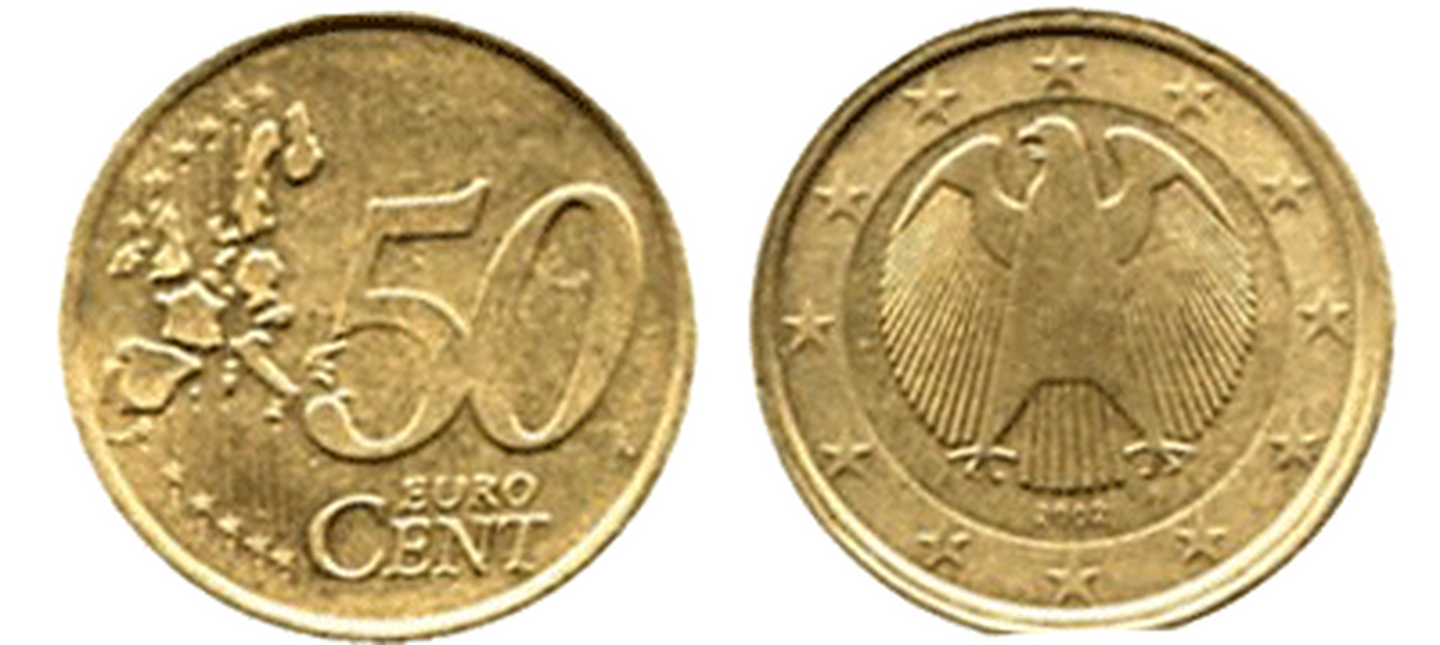 50-Cent-Münze Euro mit Adler-Rückseite und Vorderseite mit Nennwert 50 Cent.