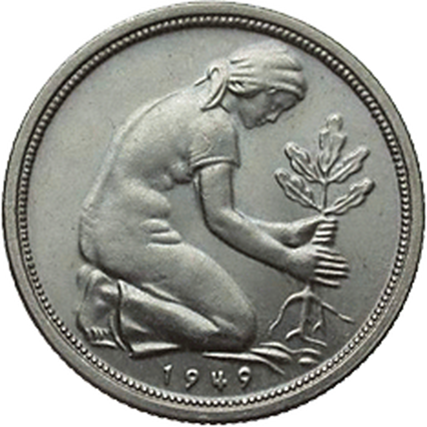 50-Pfennig-Münze 1949 mit Frau, die einen Eichensetzling pflanzt.