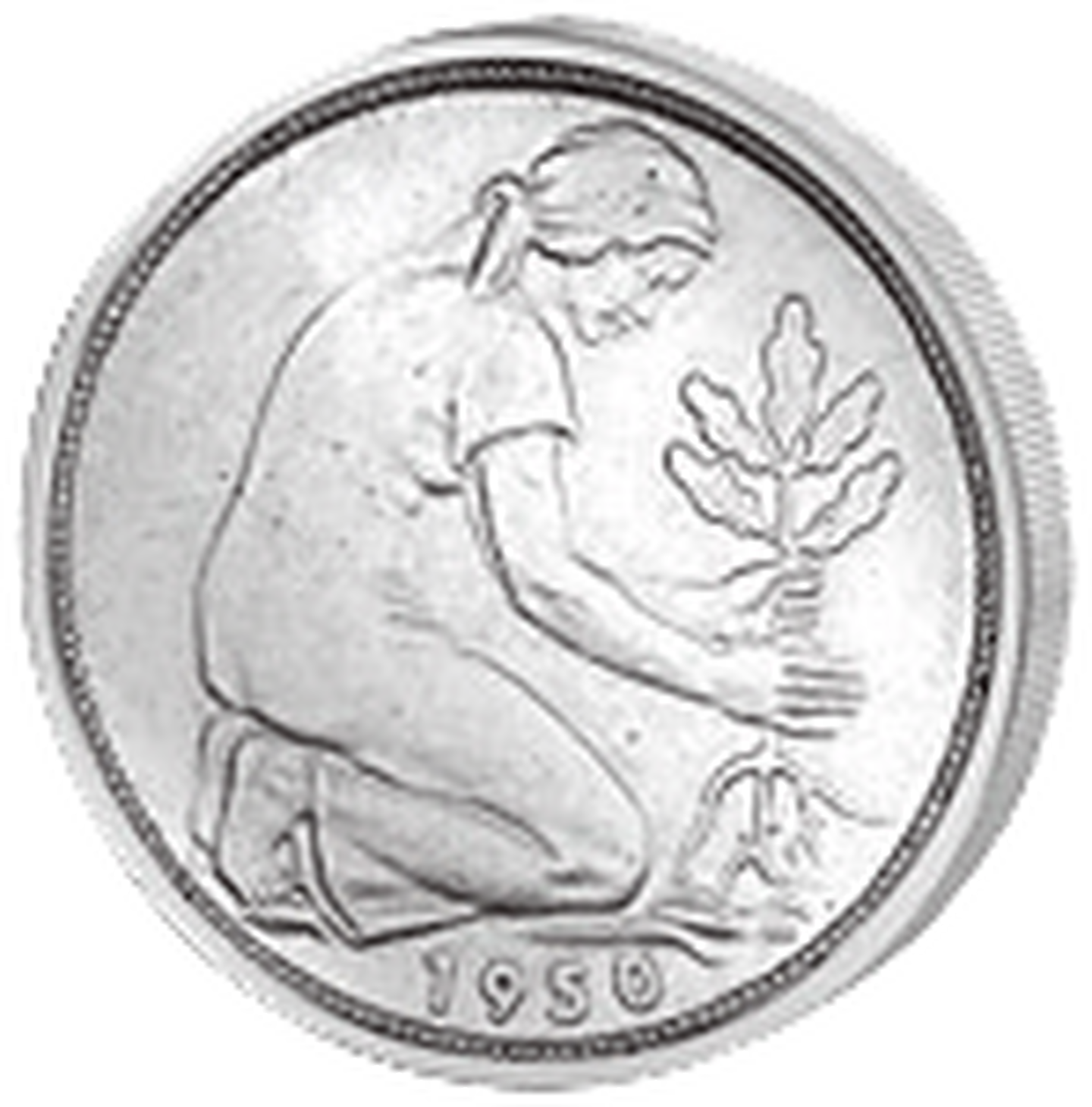 50-Pfennig-Münze 1950 Rückseite mit Pflanzmotiv und Jahreszahl